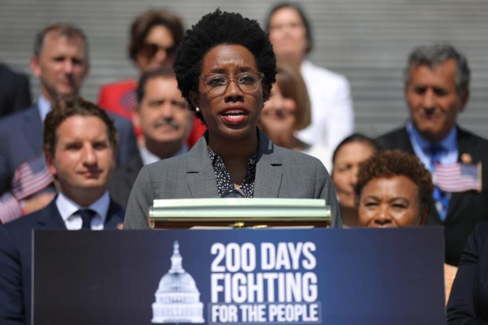 Rep. Lauren Underwood (D-IL) speaks while joining fellow House Democrats to mark the 200th day of the 116th Congress on the steps outside the U.S. Capitol July 25, 2019 in Washington, DC. (Photo by Chip Somodevilla/Getty Images)