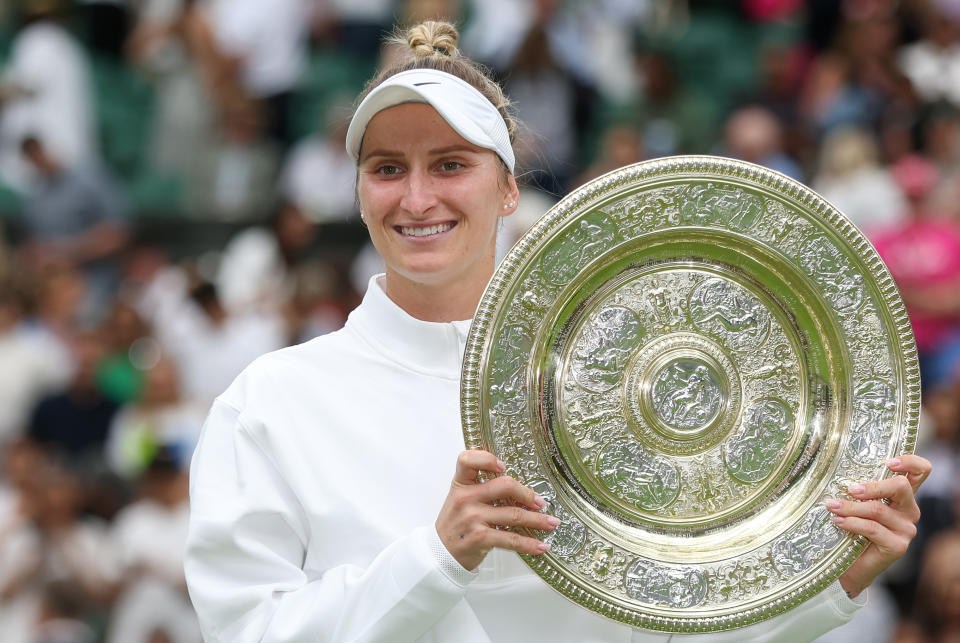 LONDON, ENGLAND - JULY 15: Marketa Vondrousova (CZE) with the trophy after her match against Ons Jabeur (TUN) [6]  in their Ladies' Singles Final during day thirteen of The Championships Wimbledon 2023 at All England Lawn Tennis and Croquet Club on July 15, 2023 in London, England.