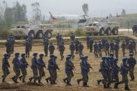 Chinese United Nations troop take part in the Shared Destiny 2021 drill at the Queshan Peacekeeping Operation training base in Queshan County in central China's Henan province Wednesday, Sept. 15, 2021. Peacekeeping troops from China, Thailand, Mongolia and Pakistan took part in the 10 days long exercise that field reconnaissance, armed escort, response to terrorist attacks, medical evacuation and epidemic control. (AP Photo/Ng Han Guan)