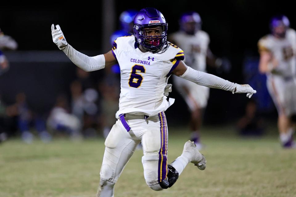 Columbia's Tray Tolliver (6) reacts to an overthrown pass during the fourth quarter of a regular season football game Friday, Sept. 23, 2022 at Trinity Christian Academy in Jacksonville. Trinity Christian Academy defeated the Columbia Tigers 43-30.  