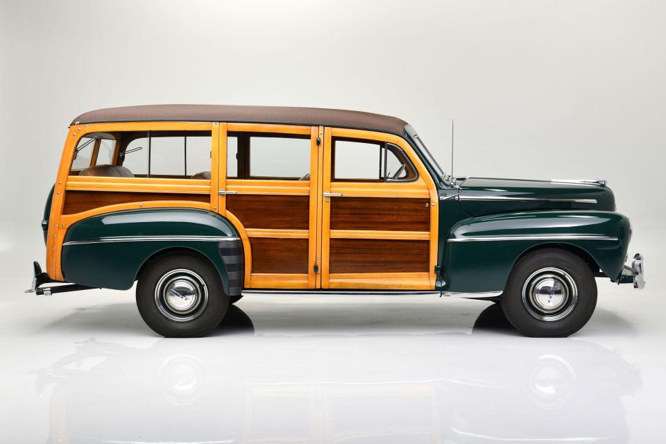 This 1947 custom Woody was modified in 2014-15 by Roush with a modern-style Ford 302ci V8 engine, Ford AOD automatic transmission and the addition of power steering.