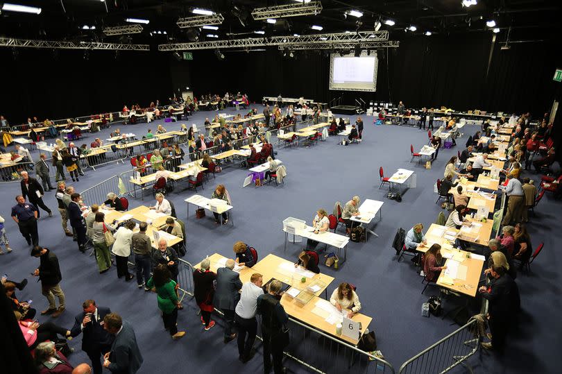 General view of a local elections count at Venue Cymru, Llandudno