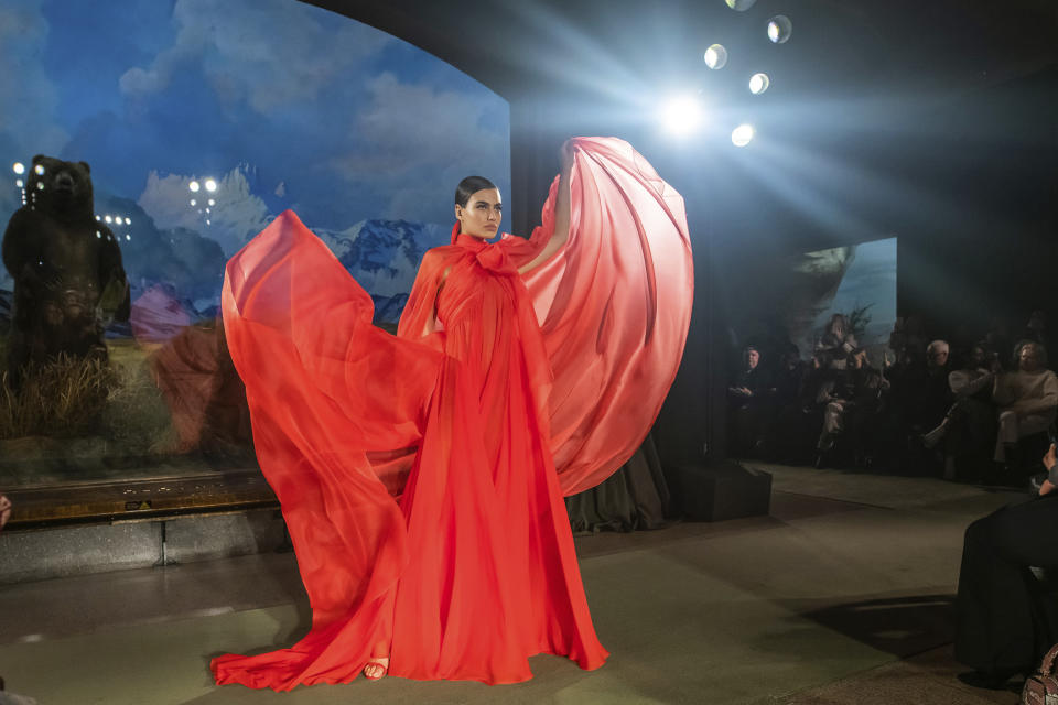 The Brandon Maxwell collection is modeled at the American Museum of Natural History during NYFW Fall/Winter on Saturday, Feb. 8, 2020 in New York. (Photo by Charles Sykes/Invision/AP)