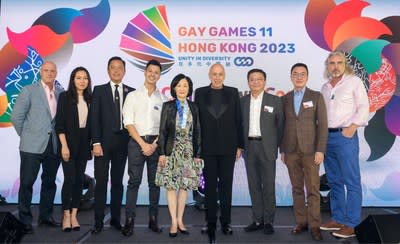 Guests of Honour for the Gay Games 11 Hong Kong 2023 One-Year Countdown Cocktail. From left to right: Brett Free, former Deputy Director of the Information Services Department; Nancy Ting, Head of Marketing for YouTube Greater China, Google; Lawrence Ng, Vice President, Sales &amp; Marketing, Greater China, Marriott International; Alan Lang, co-chair of GGHK; Mrs Regina Ip, Legislative Councilor; Dr Allan Zeman, Chairman of Lan Kwai Fong Group; Anthony Lau, Former Chief Executive, Hong Kong Tourism