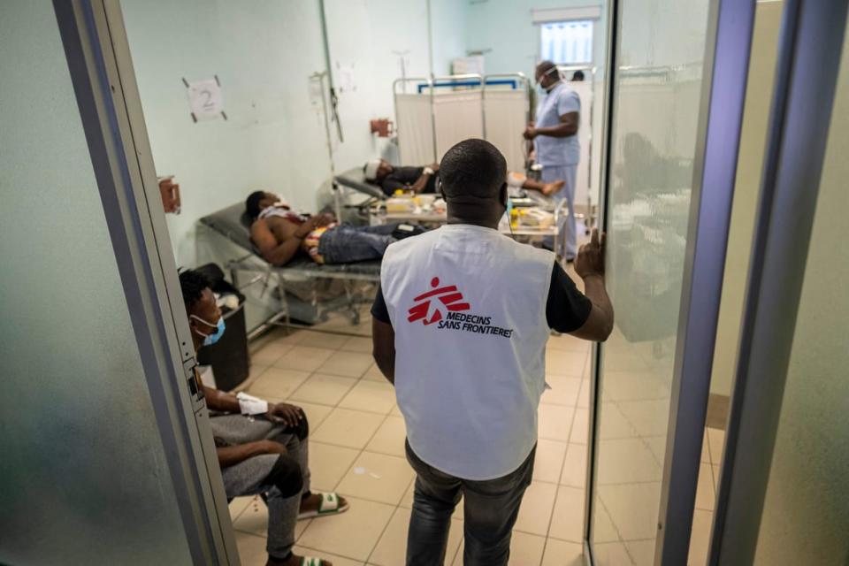 <div class="inline-image__caption"><p>Medical personnel from a Doctors Without Borders medical facility enter the triage area during a general strike in Port-au-Prince, Haiti, Oct. 25, 2021.</p></div> <div class="inline-image__credit">Ricardo Arduengo/AFP via Getty Images</div>