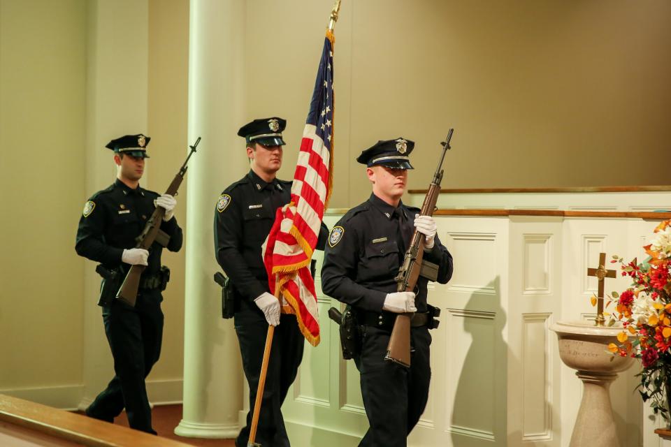 The color guard from the Jackson Police Department presented the flag to open the ceremony, including (left) Shane Crabtree, James Cupples and Gage Schaffer. The Jackson Exchange Club held its 15th annual Flags of Freedom as a fundraiser for the Carl Perkins Center for the Prevention of Child Abuse. The event was held at the First Cumberland Presbyterian Church in Jackson, Tenn. November 15, 2022.