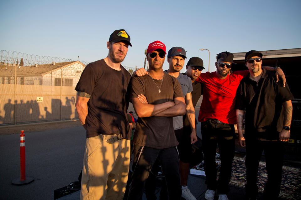 Prophets of Rage outside the California Rehabilitation Center in Norco, Calif., where the band was scheduled to perform a concert for prisoners. The concert was cancelled by state prison officials hours before, so the band set up a stage outside the prison to perform a three-song set.