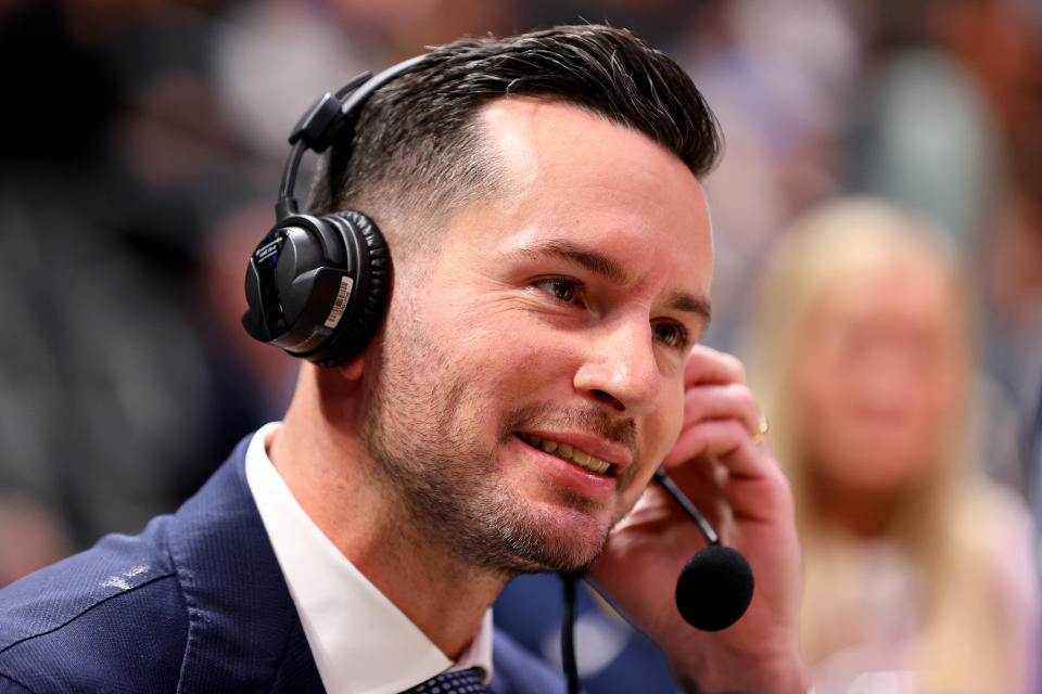 DENVER, CO - OCTOBER 26: JJ Redick announces the game between the Los Angeles Lakers and the Denver Nuggets at Ball Arena on October 26, 2022 in Denver, Colorado. (NOTE TO USER: User expressly acknowledges and agrees that, by downloading and/or using this Photograph, user is consenting to the terms and conditions of the Getty Images License Agreement. (Photo by Jamie Schwaberow/Getty Images)