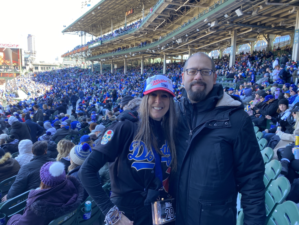 Bobby Miller's parents, Tracy and Bob, at Wrigley Field before the Dodgers-Cubs game on April 5.