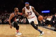 February 15, 2015; New York, NY, USA; Eastern Conference forward LeBron James of the Cleveland Cavaliers (23) dribbles against Western Conference guard Chris Paul of the Los Angeles Clippers (3) during the second half of the 2015 NBA All-Star Game at Madison Square Garden. The West defeated the East 163-158. Mandatory Credit: Bob Donnan-USA TODAY Sports