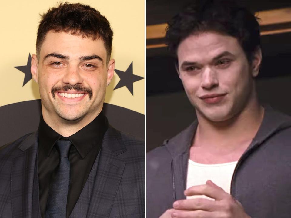 left: noah centineo with a mustache; right: emmett in twilight