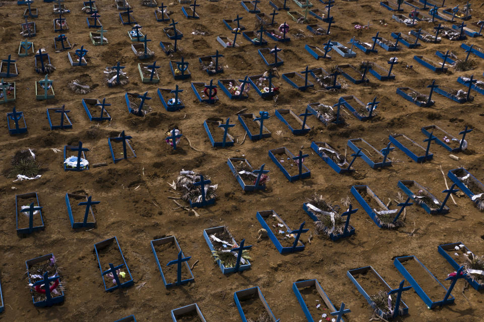 Graves of people who died in the past 30 days fill a new section of the Nossa Senhora Aparecida cemetery, amid the new coronavirus pandemic in Manaus, Brazil, Monday, May 11, 2020. The new section was opened last month to cope with a sudden surge in deaths. (AP Photo/Felipe Dana)