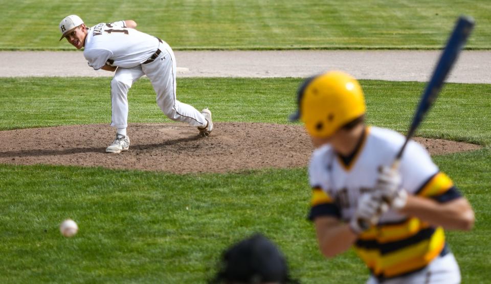 Holt pitcher Jacob Walter throws against Grand Ledge Saturday, June 4, 2022, during the Div. 1 District Championship at Gorman Field in Grand Ledge. Holt won 4-3.