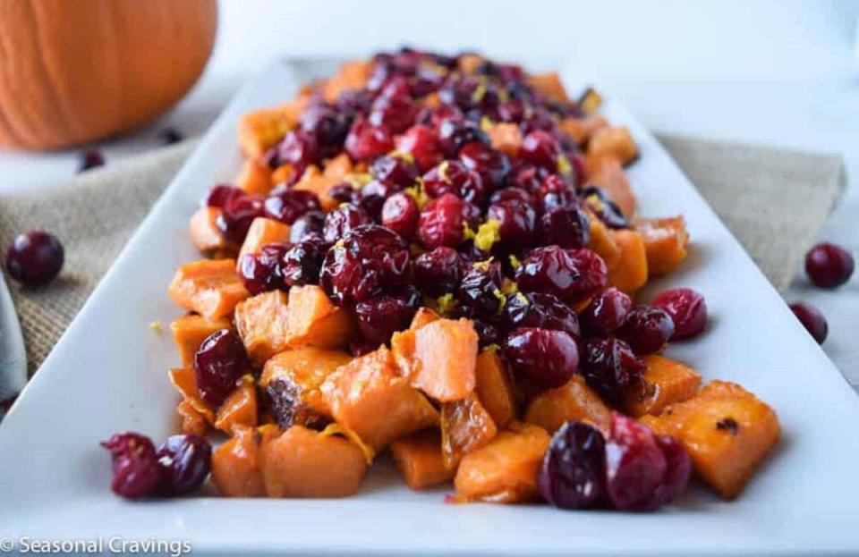 Roasted Maple Sweet Potatoes and Cranberries