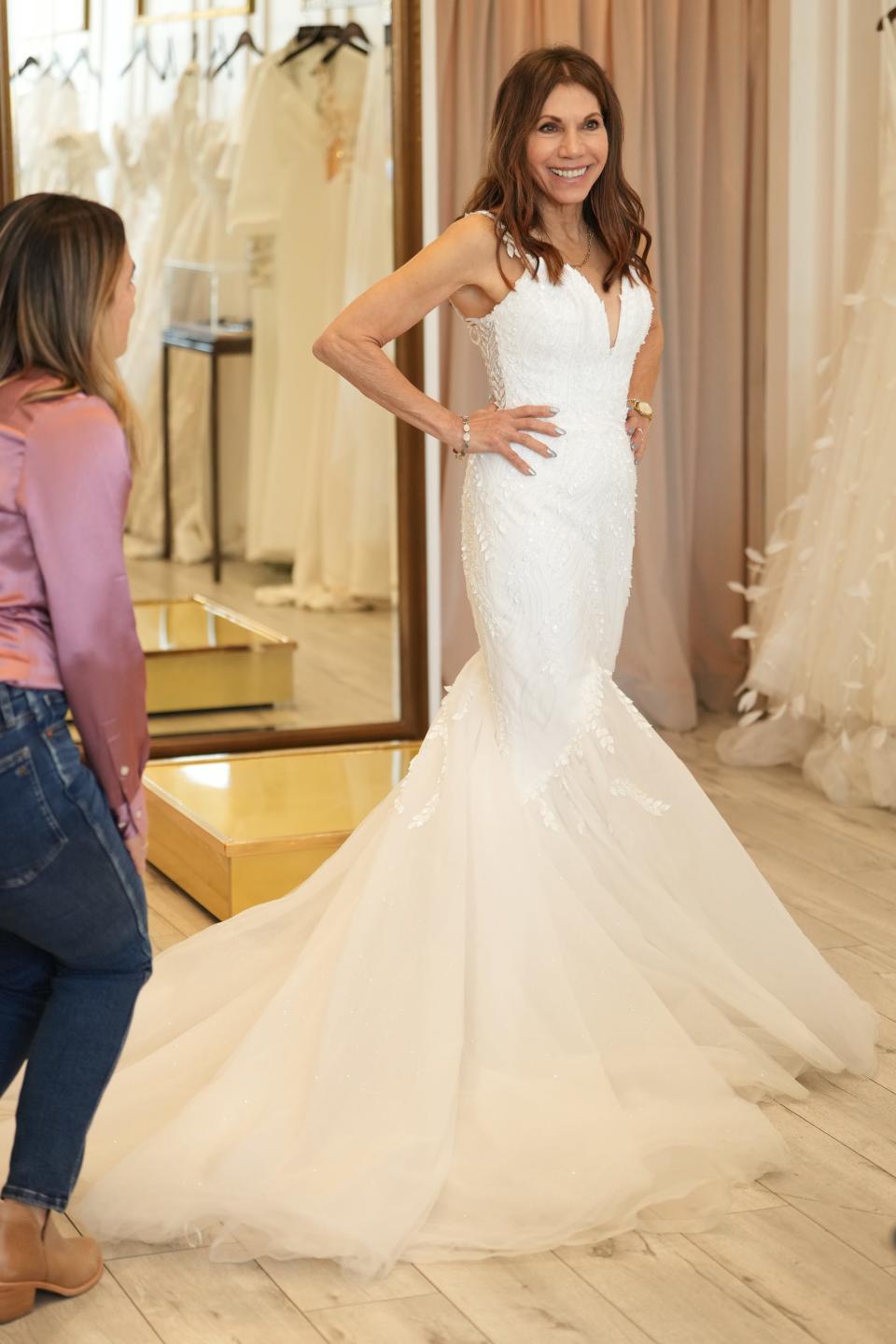 Theresa Nist is pictured trying on a dress for her wedding with "Golden Bachelor" Gerry Turner on Jan. 4, 2024.