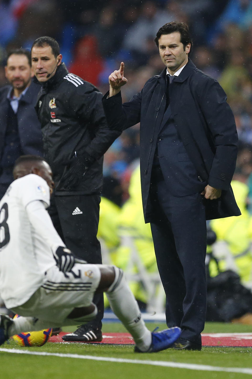 Real Madrid's head coach Santiago Solari reacts during a La Liga soccer match between Real Madrid and Sevilla at the Bernabeu stadium in Madrid, Spain, Saturday, Jan. 19, 2019. (AP Photo/Andrea Comas)