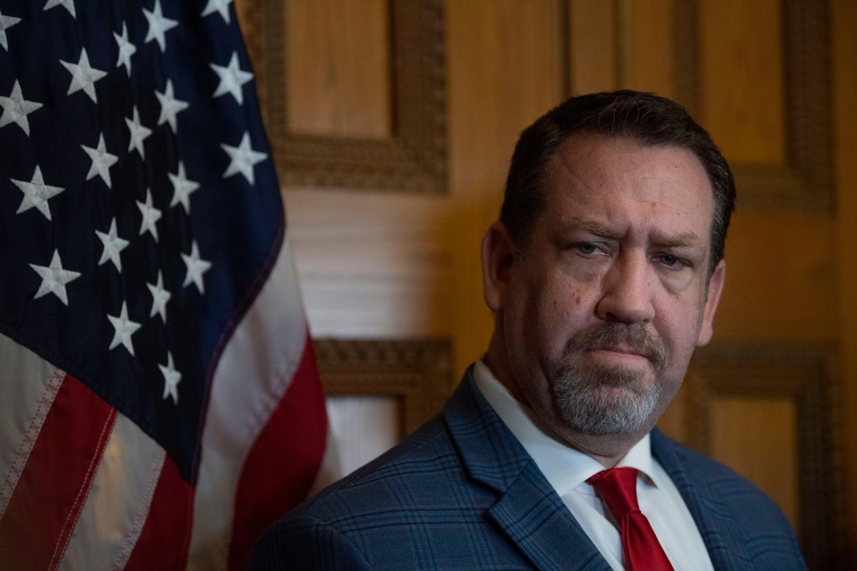 Rep. Jeremy Faison, R-Cosby, Chairman of the House Republican Caucus, speaks to members of the press following session at the state Capitol in Nashville, Tenn., Thursday, March 14, 2024.