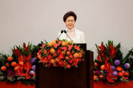 Hong Kong Chief Executive Carrie Lam speaks during her swearing in ceremony on the 20th anniversary of the city's handover from British to Chinese rule, in Hong Kong, China, July 1, 2017. REUTERS/Bobby Yip