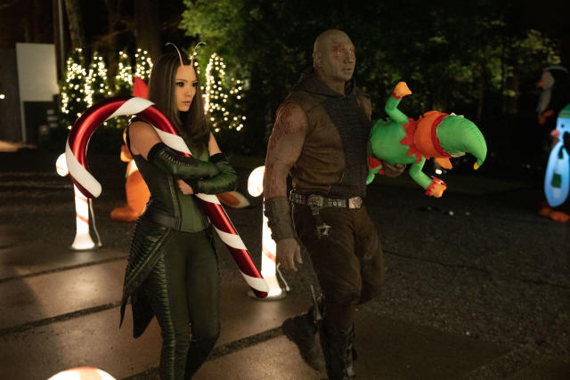 Pom Klementieff as Mantis and Dave Bautista as Drax in The Guardians of the Galaxy Holiday Special. (Marvel Studios)