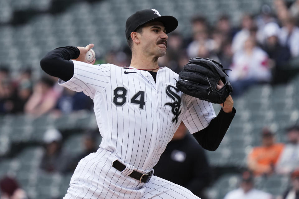 Chicago White Sox starting pitcher Dylan Cease throws during the first inning of a baseball game against the San Francisco Giants in Chicago, Wednesday, April 5, 2023. (AP Photo/Nam Y. Huh)