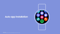 <p>A screenshot showing the new Samsung One UI Watch experience based on Wear OS. A watch with app icons filling the screen with the words "Auto app installation" on the left.</p> 