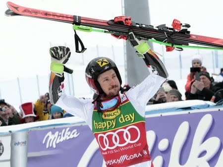 Alpine Skiing - FIS Alpine Skiing World Cup - Men's Giant Slalom - Kranjska Gora, Slovenia - March 3, 2018 - Marcel Hirscher of Austria reacts after the 2nd run. REUTERS/Borut Zivulovic