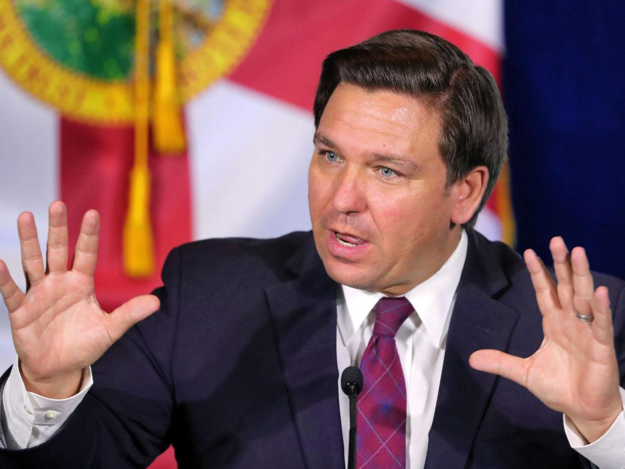 Gov. Ron DeSantis delivers remarks during a roundtable discussion with theme park leaders about safety protocols and the impact of the coronavirus pandemic, on Wednesday, August 26, 2020.