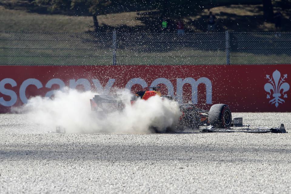 Red Bull's Dutch driver Max Verstappen crashes during the Tuscany Formula One Grand Prix at the Mugello circuit in Scarperia e San Piero on September 13, 2020. (Photo by Luca Bruno / POOL / AFP) (Photo by LUCA BRUNO/POOL/AFP via Getty Images)