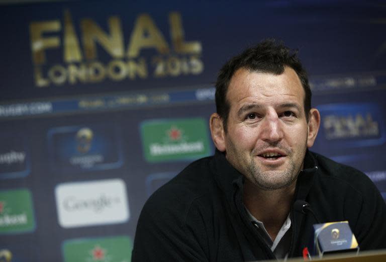 Toulon's captain Carl Hayman speaks during a press conference at Twickenham Stadium, in south-west London, on May 1, 2015, on the eve of their European Rugby Champions Cup final match against Clermont