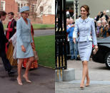 <p>For her first solo visit earlier this year the Duchess of Cambridge wore a vintage style pale blue suit by Catherine Walker, paired with nude L.K Bennett shoes. A very similar look to what Diana wore to the confirmation of Prince William in 1997. [Photo: PA/Getty] </p>