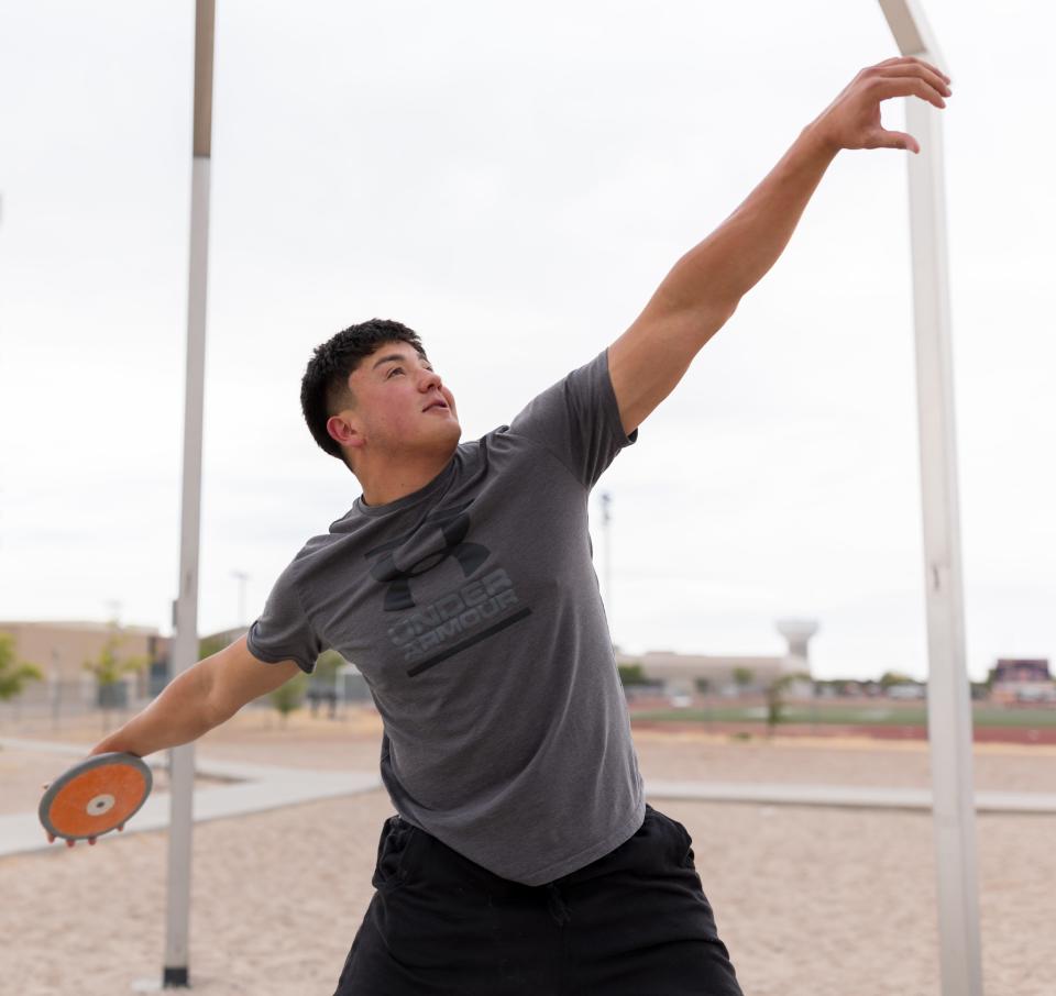 Eastlake High School athlete Logan Villalva prepares as he is a qualifier in the discus for state track during practice on Tuesday, May 3, 2022, at Eastlake High School in El Paso, Texas.