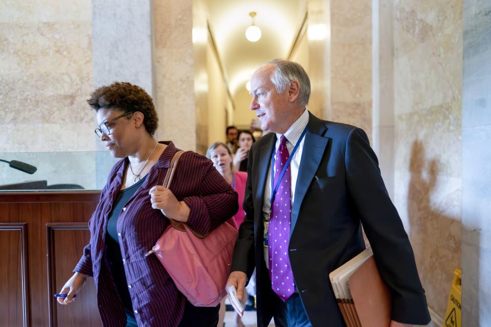 Shalanda Young, director of the Office of Management and Budget, left, and Steve Ricchetti, counselor to the president, the top negotiators for President Joe Biden on the debt limit crisis, leave after talks with House Speaker Kevin McCarthy’s emissaries came to an halt, at the Capitol in Washington, Friday, May 19, 2023. | J. Scott Applewhite, Associated Press