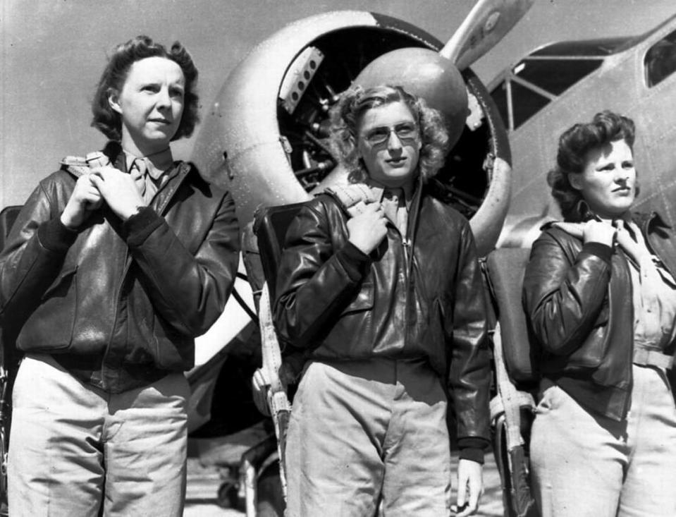 WASPs (from left) Viola Thompson, Mary Clifford, and Lydia Linder were part of the target-towing Squadron at Camp Davis in 1943