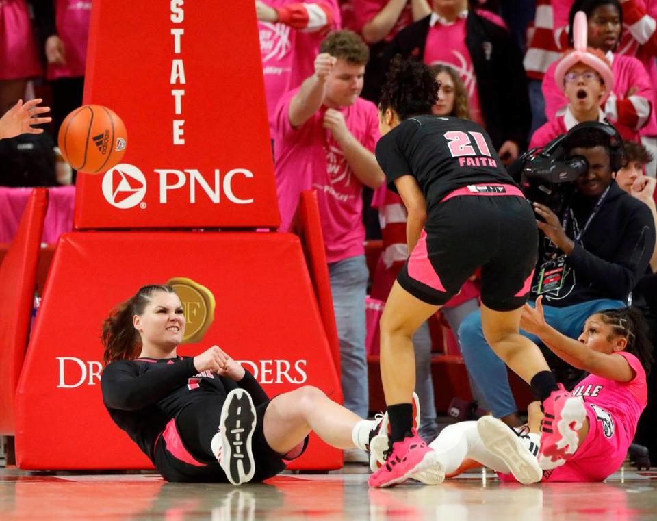 N.C. State’s River Baldwin celebrates after drawing a charge during the second half of the Wolfpack’s 77-67 win over Louisville on Monday, Feb. 5, 2024, at Reynolds Coliseum in Raleigh, N.C.