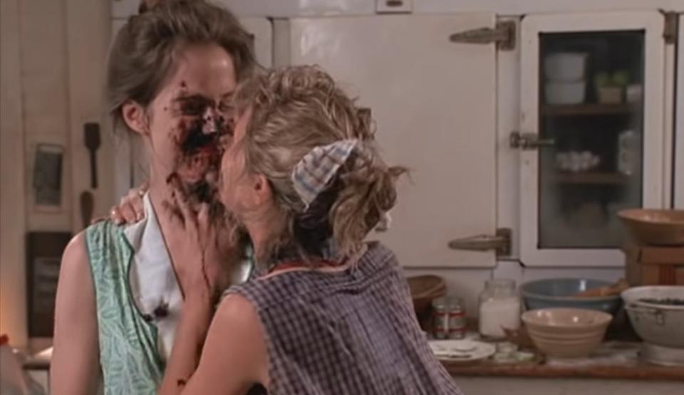 A scene from "Fried Green Tomatoes" where Idgie Threadgoode (Mary Stuart Masterson) and Ruth Jamison (Mary-Louise Parker) are playfully smearing chocolate on each other's faces in a kitchen