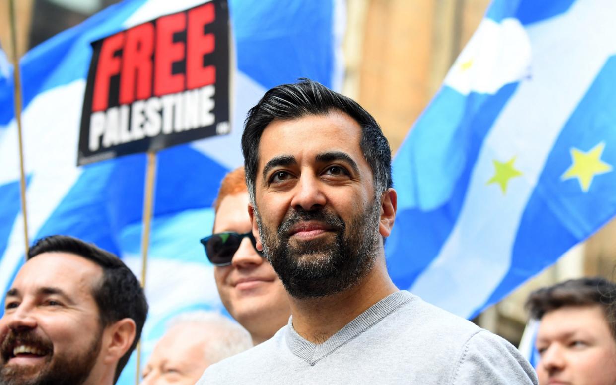 Humza Yousaf joins a march in support of Scottish independence in Glasgow on April 20, 2024