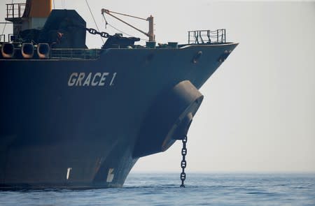 Iranian oil tanker Grace 1 sits anchored after it was seized in July by British Royal Marines off the coast of the British Mediterranean territory, in the Strait of Gibraltar