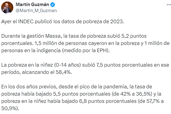 Martín Guzmán aprovechó la publicación del dato de pobreza para 