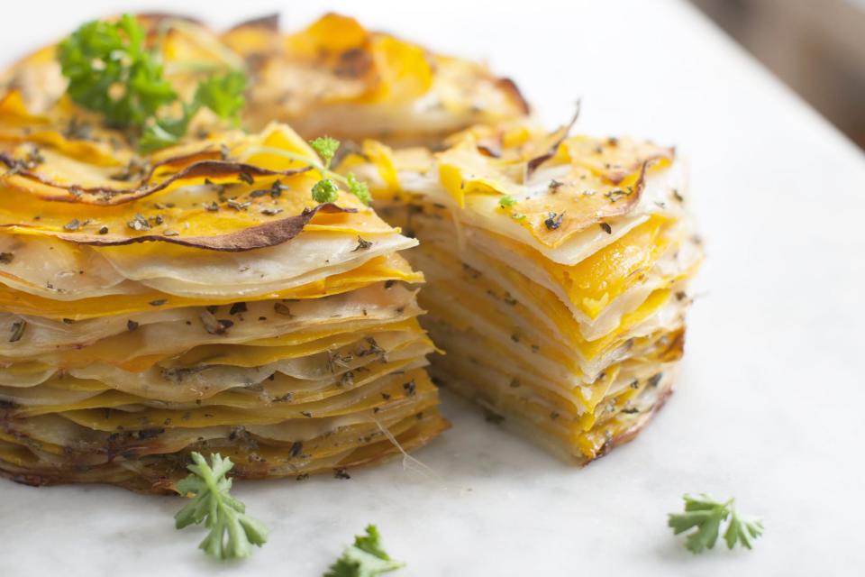 This March 31, 2014 photo shows roasted butternut and herb tart in Concord, N.H. (AP Photo/Matthew Mead)