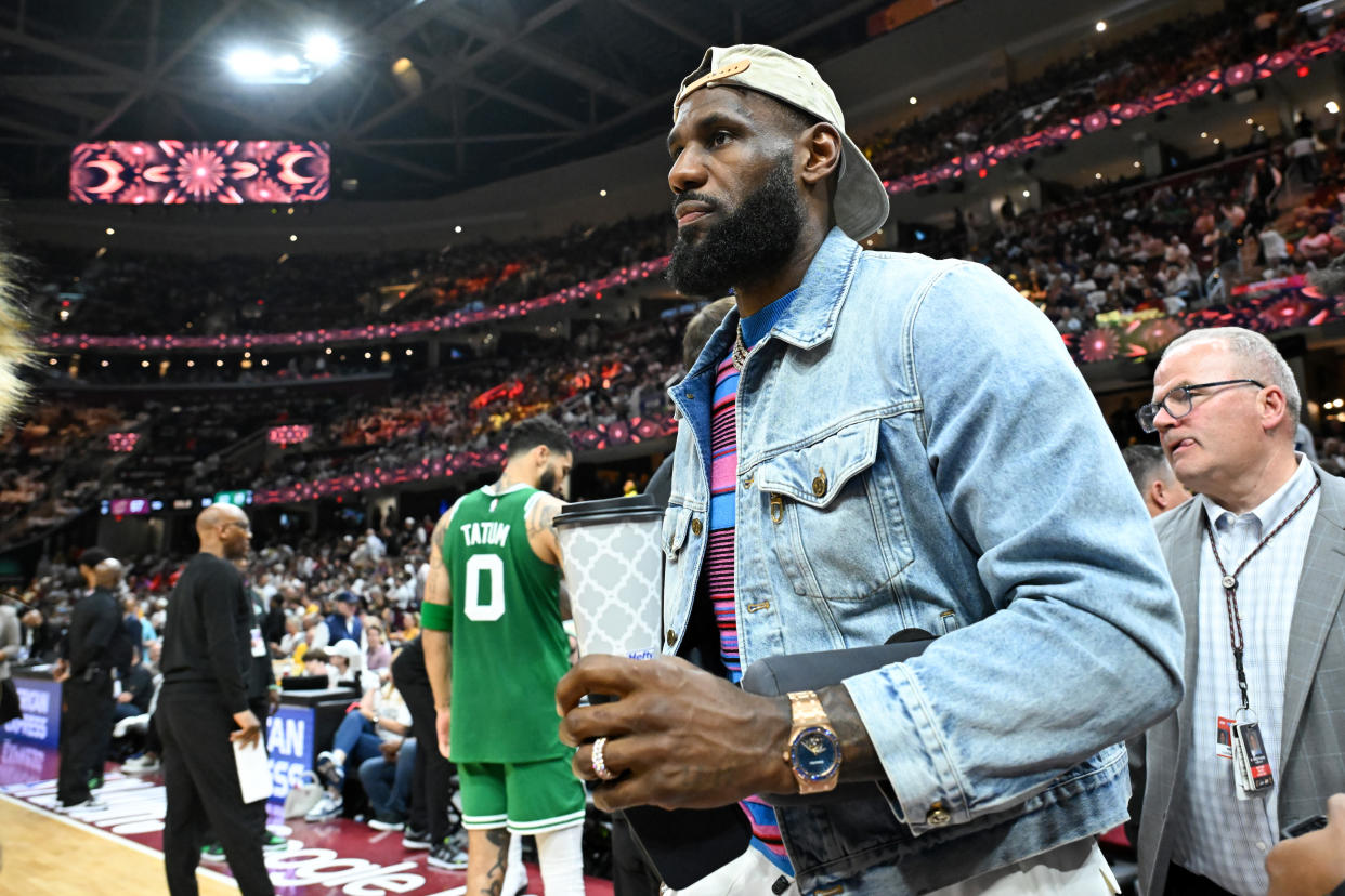 CLEVELAND, OHIO - MAY 13: LeBron James looks on at halftime of Game Four of the Eastern Conference Second Round Playoffs between the Boston Celtics and the Cleveland Cavaliers at Rocket Mortgage Fieldhouse on May 13, 2024 in Cleveland, Ohio. NOTE TO USER: User expressly acknowledges and agrees that, by downloading and or using this photograph, User is consenting to the terms and conditions of the Getty Images License Agreement. (Photo by Nick Cammett/Getty Images)