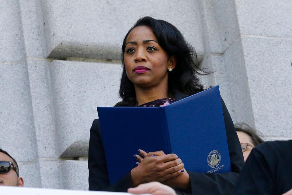 Malia Cohen listens to speakers during a news conference in San Francisco, May 12, 2016. Democrat Cohen, a former San Francisco supervisor, faces Lanhee Chen, who gives Republicans their best chance to win a statewide election since 2006 when Arnold Schwarzenegger was re-elected governor, for the open seat for California Controller.