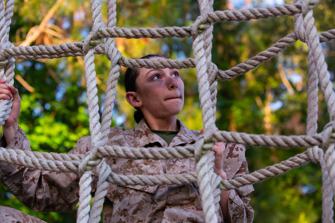 Recruits with Kilo Company, 3rd Recruit Training Battalion, conduct the confidence course on Marine Corps Recruit Depot Parris Island, S.C., May 2, 2023. The confidence course consists of multiple obstacles that build a recruits confidence in their training as well as comfortability in stressful environments. (U.S. Marine Corps photo by Lance Cpl. Vincent Needham)