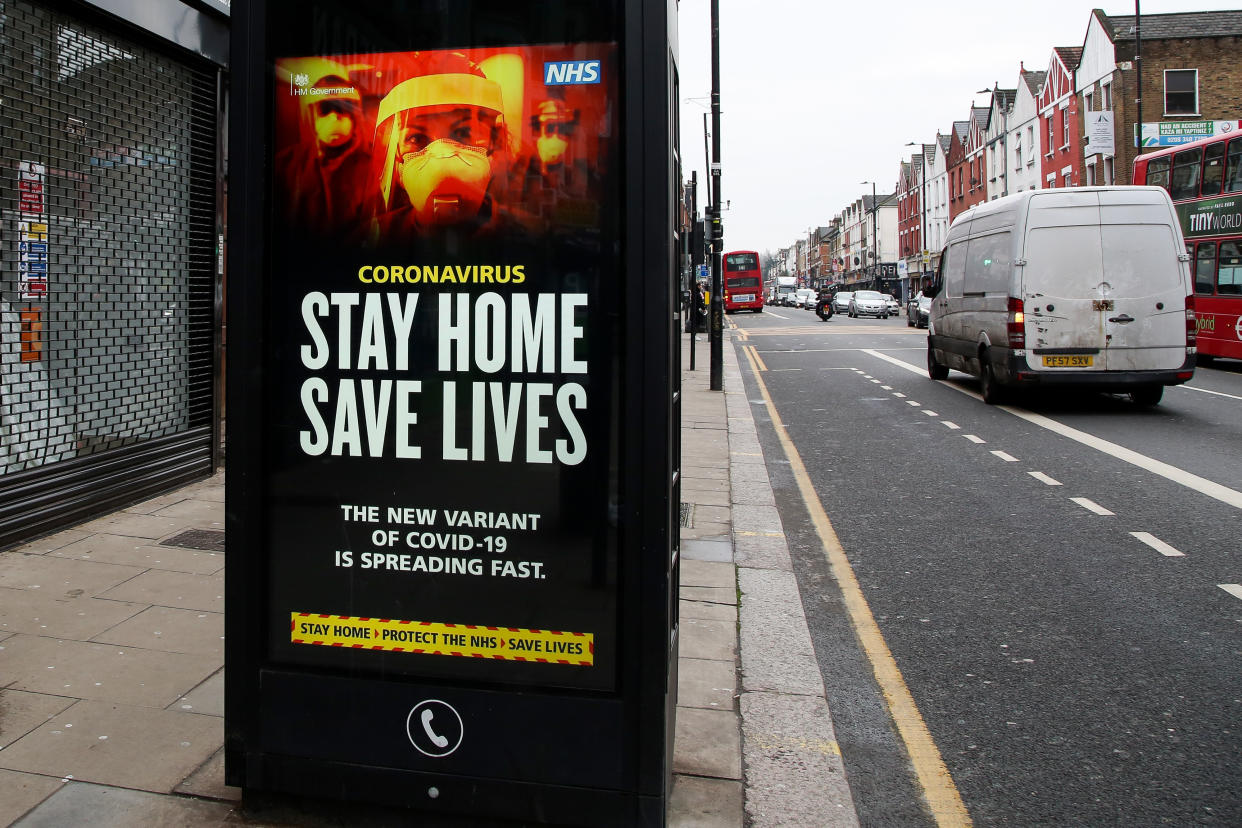 View of the Covid-19 'Stay Home Save Lives' publicity campaign poster in London as the third national lockdown continues. (Photo by Dinendra Haria / SOPA Images/Sipa USA)