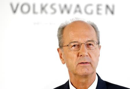 Former CFO and new Chairman of Volkswagen Hans Dieter Poetsch addresses a news conference after being appointed by Volkswagen's Supervisory board at the company's headquarters in Wolfsburg, Germany October 7, 2015. REUTERS/Axel Schmidt