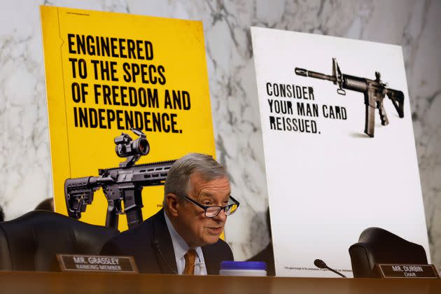 Senate Judiciary Committee Chairman Richard Durbin speaks in front of some of the advertisements the committee gathered for the report. (Photo: Chip Somodevilla via Getty Images)