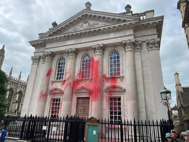 Senate House in Cambridge after pro-Palestinian protesters sprayed red paint on the historic building at the University of Cambridge 