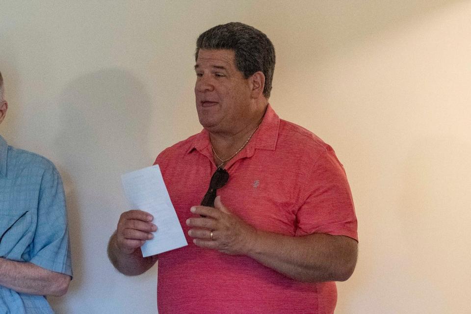 Lafayette Mayor Tony Roswarski shares some words at the Habitat for Humanity Restore Build House Blessing, June 28, 2022, in Lafayette, Ind.