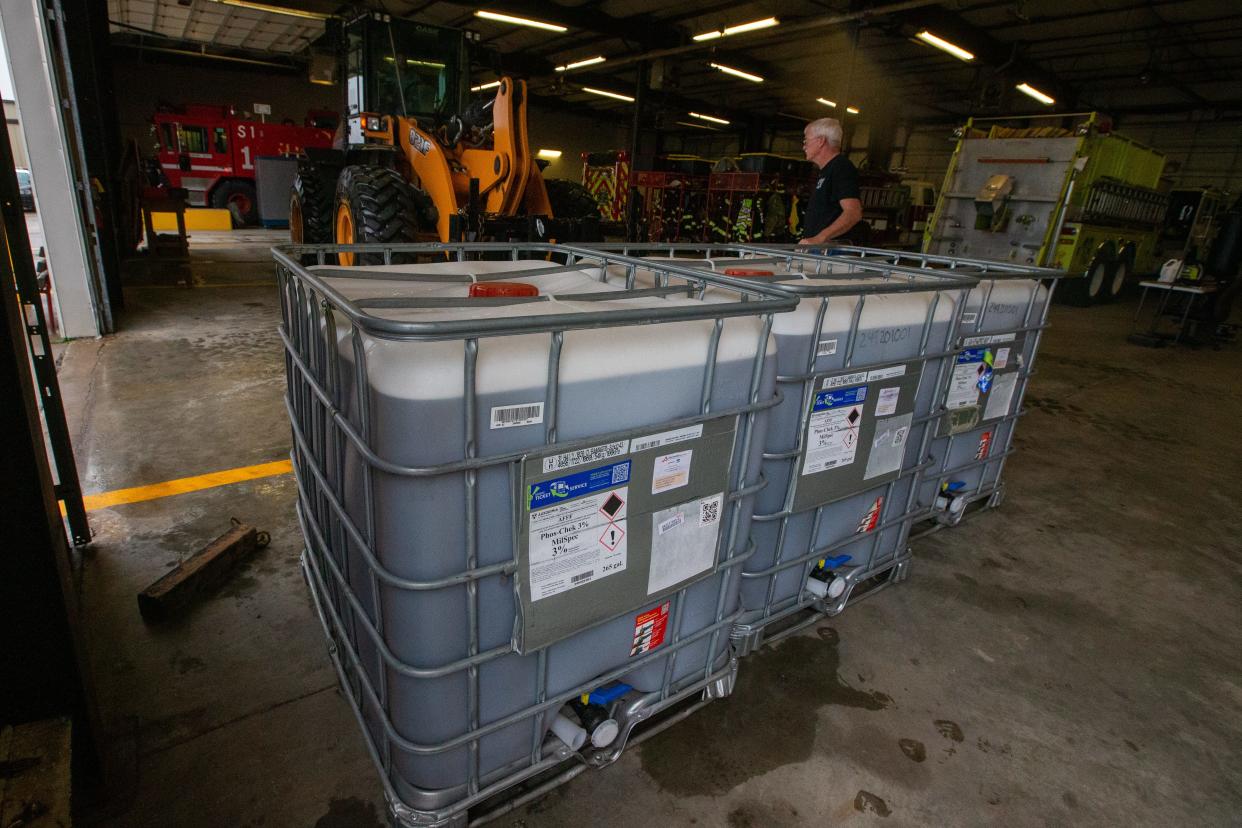 Containers of fire AFFF foam, which contains PFAS, or Per- and polyfluoroalkyl substances that are known to cause adverse health affects, are used moved around the Forbes Airport Fire Department. AFFF is useful for handling heavy petroleum-based fires.