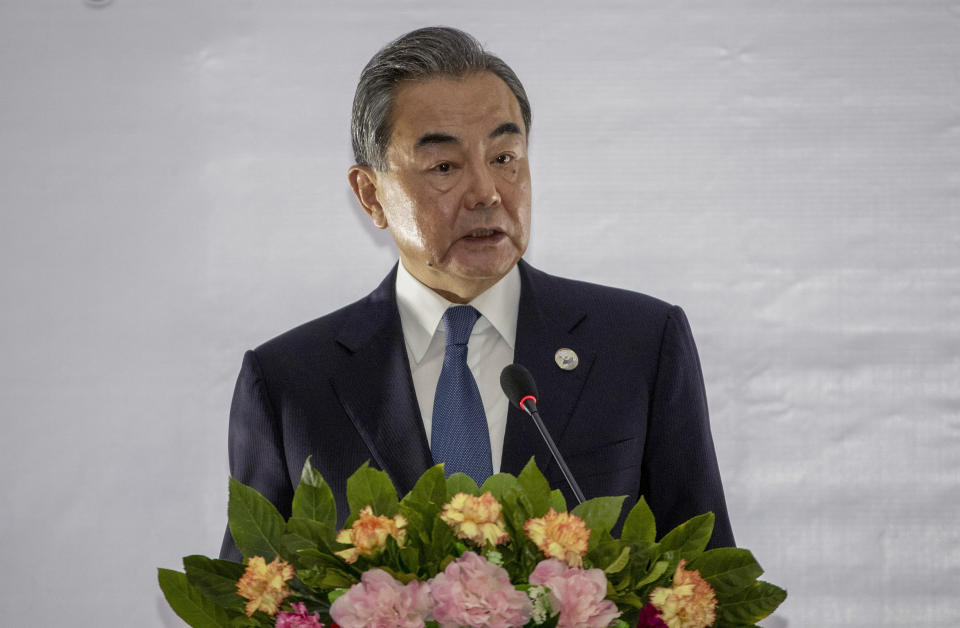 China's Foreign Minister Wang Yi speaks during a joint press conference of the Co-Chairs Special ASEAN-China Foreign Ministers' meeting on the Novel Coronavirus Pneumonia in Vientiane, Laos, Thursday, Feb. 20, 2020. (AP Photo/Sakchai Lalit)