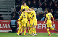 Soccer Football - Ligue 1 - LOSC Lille vs Paris St Germain - Stade Pierre-Mauroy, Lille, France - February 3, 2018 Paris Saint-Germain’s Giovanni Lo Celso celebrates with team mates after scoring their third goal REUTERS/Charles Platiau